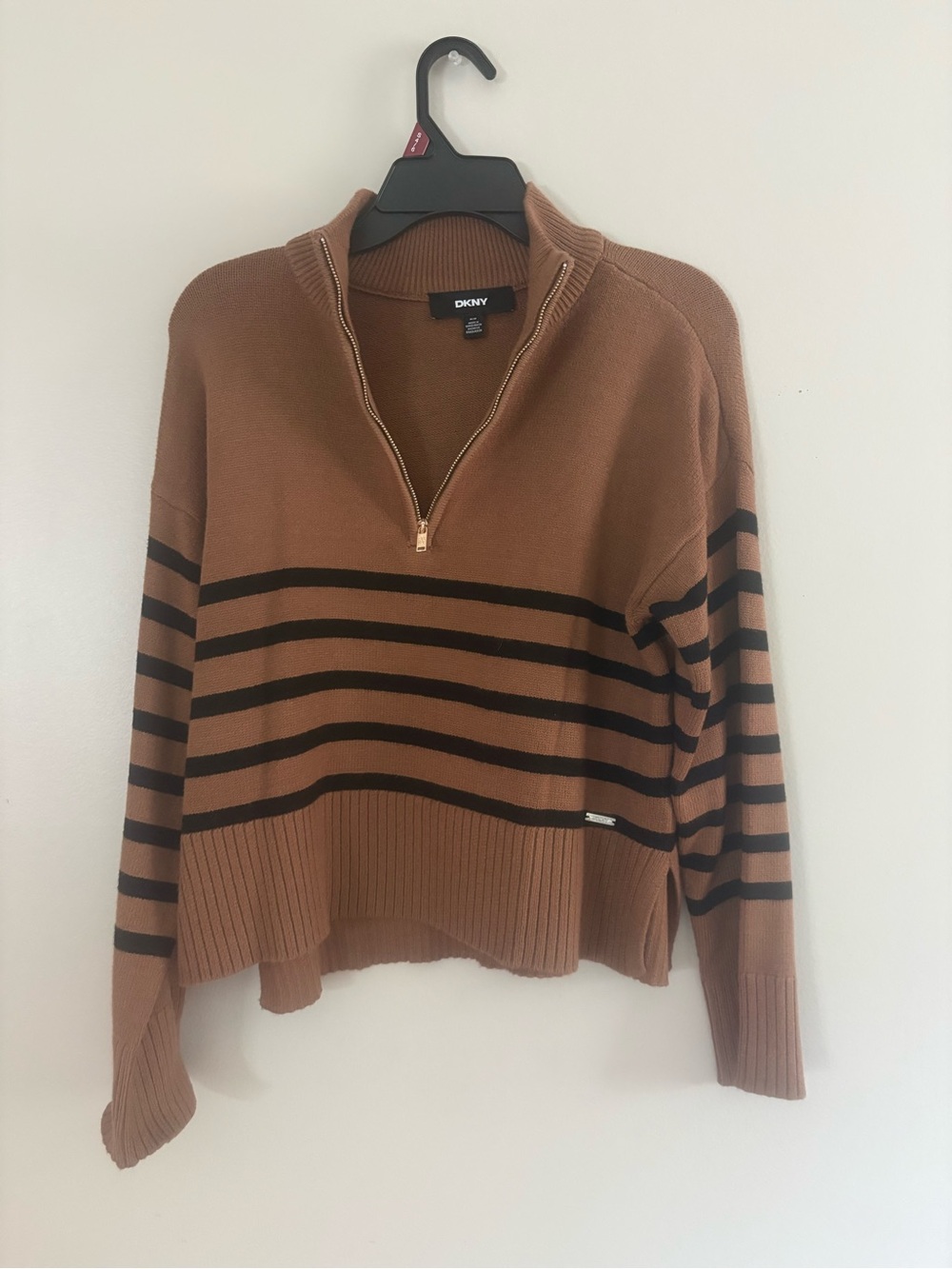 DKNY Brown and Black Striped Half-Zip Sweater